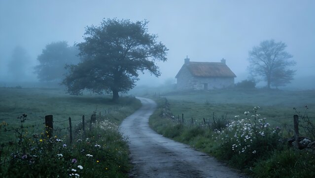 enthalpy. Misty country lane leading to a distant stone cottage. lifestyle magazines, social media lookbooks, designed for influencer and brand collaborations, used by SEO specialists.