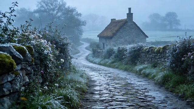 enthalpy. Misty country lane leading to a distant stone cottage. lifestyle magazines, social media lookbooks, designed for influencer and brand collaborations, used by SEO specialists.