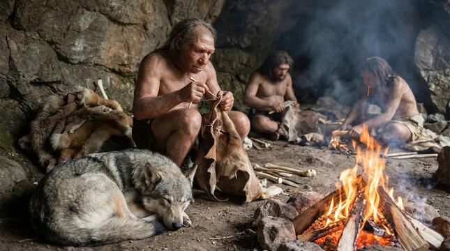 Neanderthal crafts clothing by fire inside cave.