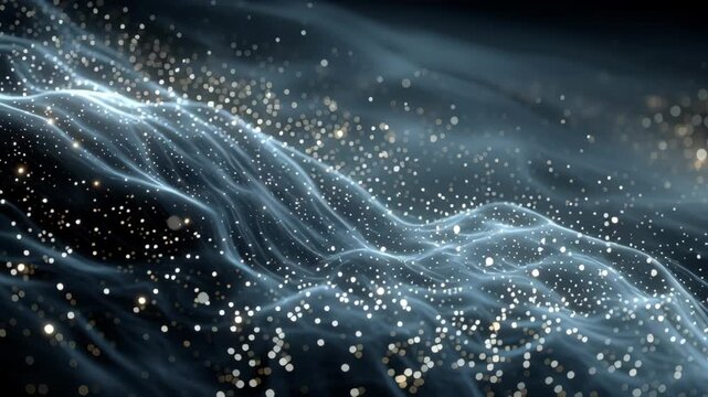 Cosmic blue waves flow through a dark space, illuminated by countless gold particles. the scene evokes a sense of mystery and futuristic elegance, ideal for digital art, backgrounds, or tech-themed pr