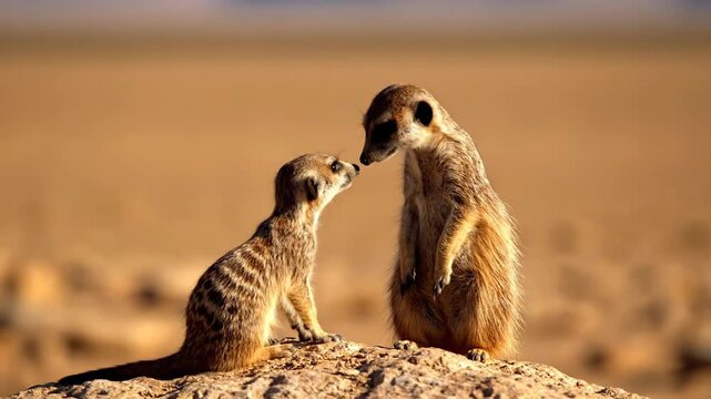 Two meerkats standing alert on a rock in the desert environment