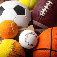 Obraz premium A collection of various sports balls including soccer, basketball, baseball, tennis, and American football