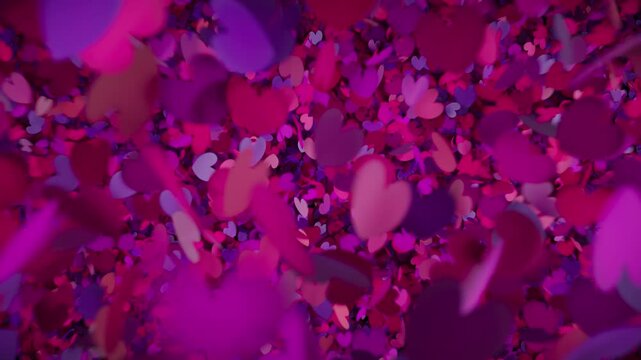 Heart shaped confetti falling transition. Pink and purple love particles fill the screen. Romantic wedding animation with alpha channel transparent background