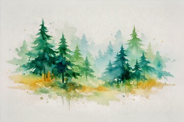 An abstract watercolor landscape painting of a pine forest on a clean white background.
