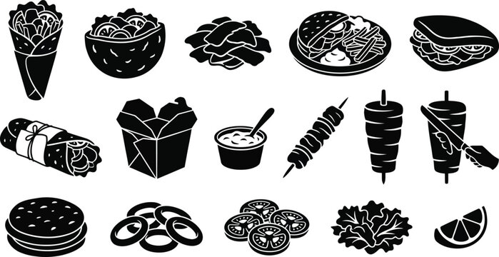 Gyro Silhouette Vector Set Design &ndash; Greek Gyros Wrap Pita Shawarma Spit Slices Ingredients Clean Black Street Food Collection


