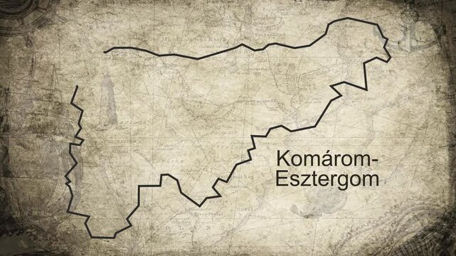 Kom&aacute;rom-Esztergom map drawn on a cartography background sheet of paper