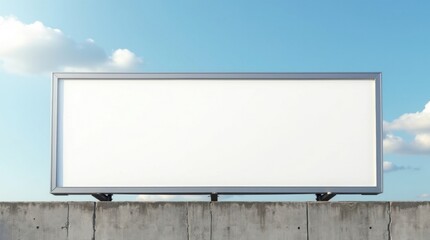 Fototapeta premium Cartelera publicitaria exterior en blanco con un elegante marco plateado, montada sobre una pared de hormigón desgastado