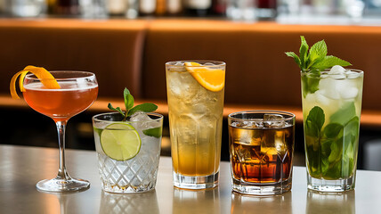 Vibrant cocktails with mixed berries, citrus and mint garnishes arranged on dark slate. Perfect for summer drinks, bar menu
