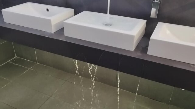 Footage of a modern white bathroom sink overflowing from a running faucet. Water cascades over the countertop, splashing onto the tiled floor below, causing a flood and potential water damage.