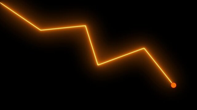 Glowing Neon Line Graph Arrow Downwards Against Black background .Abstract neon line arrow down business graph.