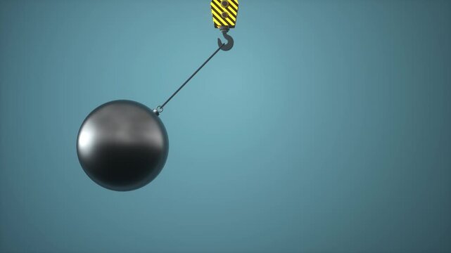Wrecking ball pendulum swinging from crane hook illustration on blue background
