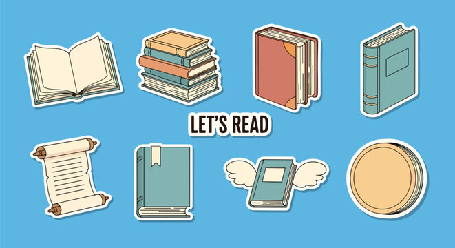 Flat vector illustration set of book stickers with reading icons and typography, education theme, cute stationery design, learning inspiration and literary lifestyle concept