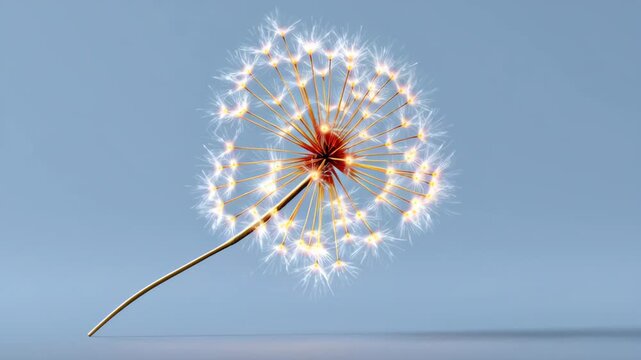 Dandelion seed head with glowing filaments sways gently in the breeze, showcasing intricate details of the seeds and stem against a soft blue background