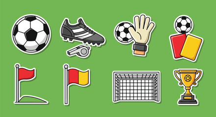 Flat vector illustration set of soccer stickers including football ball, goal, whistle, trophy, jersey, referee cards, and sports icons in clean cartoon style with solid colors © Amie