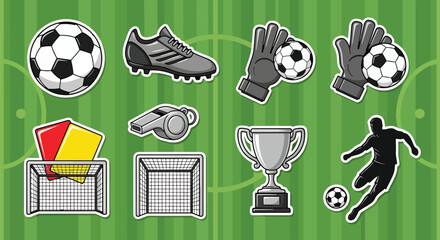 Flat vector illustration set of soccer stickers including football ball, goal, whistle, trophy, jersey, referee cards, and sports icons in clean cartoon style with solid colors © Amie