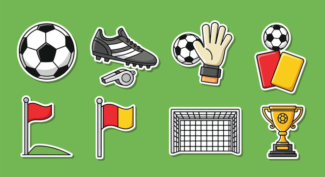 Flat vector illustration set of soccer stickers including football ball, goal, whistle, trophy, jersey, referee cards, and sports icons in clean cartoon style with solid colors