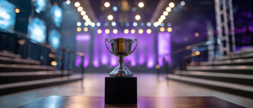 Silver trophy cup on black pedestal in empty auditorium with purple lighting and blurred background, symbolizing achievement and success