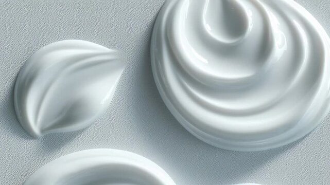 Close-up of white cream textures on a light gray background, showcasing smooth dermatology product samples.