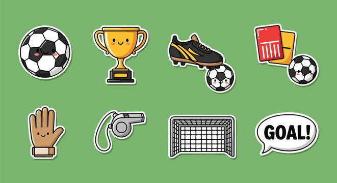Flat vector illustration set of soccer stickers including football ball, goal, whistle, trophy, jersey, referee cards, and sports icons in clean cartoon style with solid colors