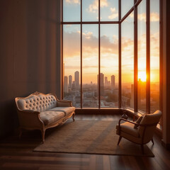 Elegant Living Room in High-Rise Apartment with City View at Sunset