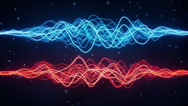 Abstract sound waves with opposing colors blue and red dynamic energy lines flowing across a dark background