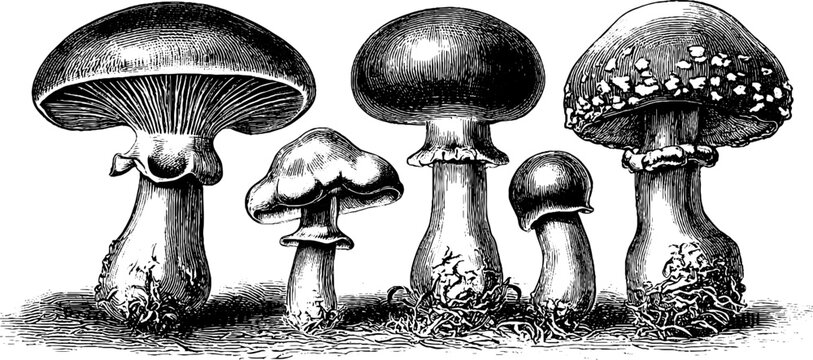 Vintage botanical illustration of puffball mushrooms - natural history plate for educational and decorative use
