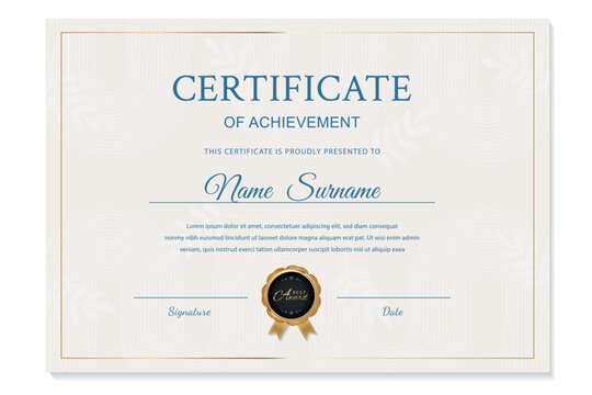 Minimalistic achievement certificate template with professional gold accents and gold seal. Modern graduation document for business recognition or school completion. Fully editable vector layout.