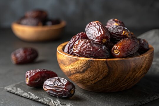Medjool Dates Wooden Bowl, Fresh Dates Rustic Aesthetic, Organic Dates Dark Moody, Ramadan Dates Photography, Sweet Dates Closeup Bowl