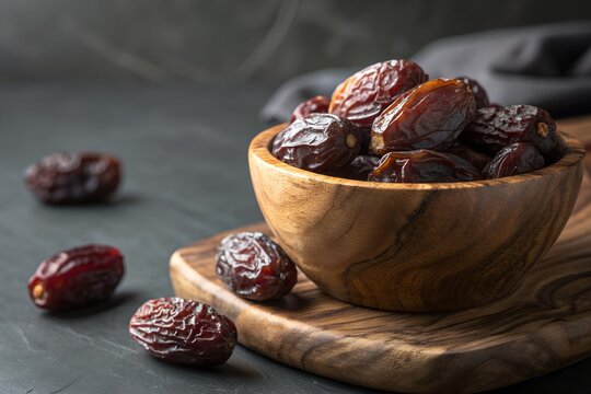 Medjool Dates Wooden Bowl, Fresh Dates Rustic Aesthetic, Organic Dates Dark Moody, Ramadan Dates Photography, Sweet Dates Closeup Bowl