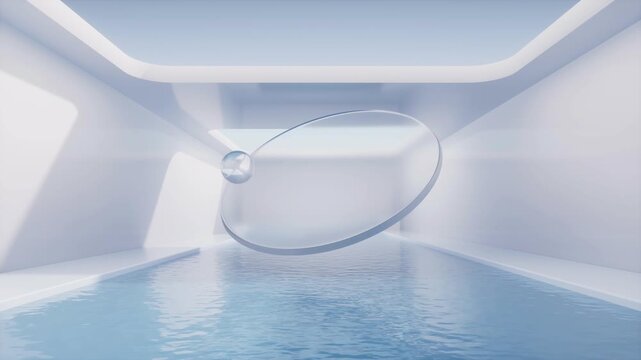Dynamic 3d animation of a transparent glass disc with a rolling sphere in a serene indoor pool environment