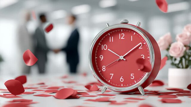 Red alarm clock surrounded by rose petals on a table, with blurred figures of two people shaking hands in the background, indicating a moment of connection and time passing