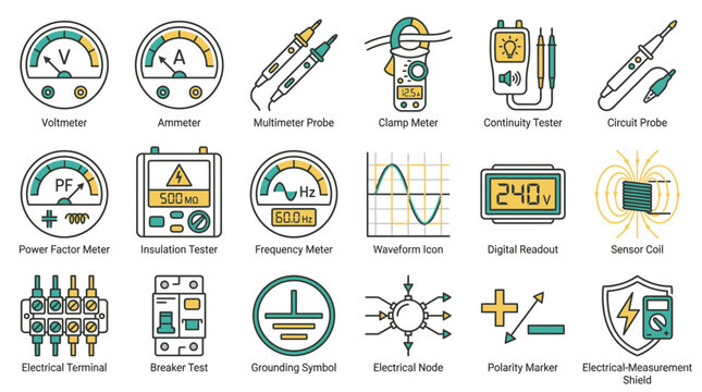 Explore electrical measurement icons, a voltmeter, ammeter, probes and more, a dynamic toolset for electronics enthusiasts, a modern design for technical projects