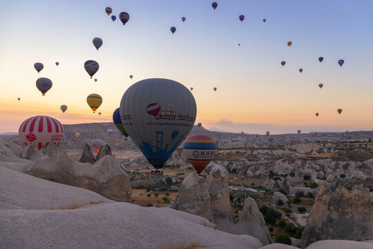 GOREME, TURKEY - August 2025  Colorful Hot air balloons in the air over Cappadocia (Kapadokya), G&ouml;reme Turkey