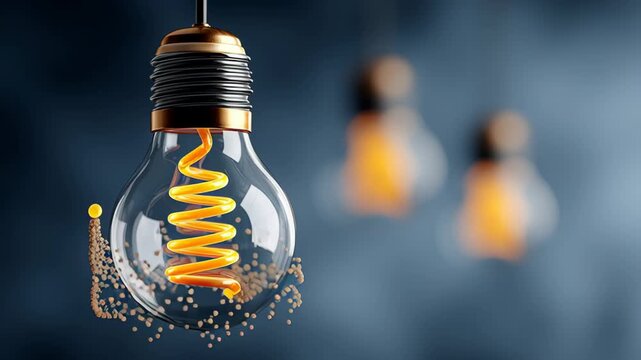 Light bulb with spiral filament emits glowing particles, showcasing a dynamic transformation with blurred background lights, creating a visually striking illumination effect in a contemporary setting