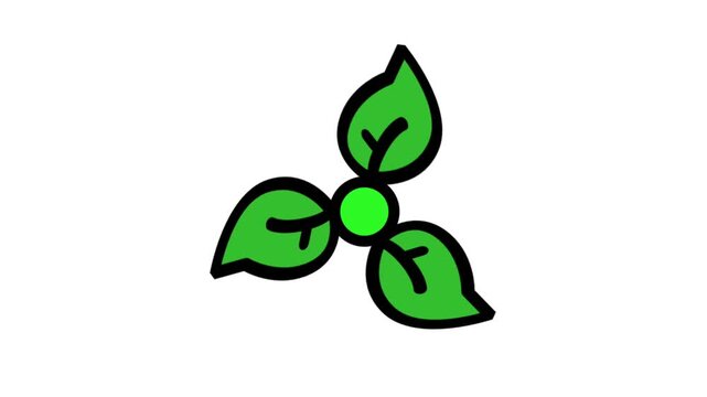 Biohazard Or Ecology Synergy Motion Icon. Three green leaves arranged in a circular pattern representing biological recycling and natural ecosystem synergy.