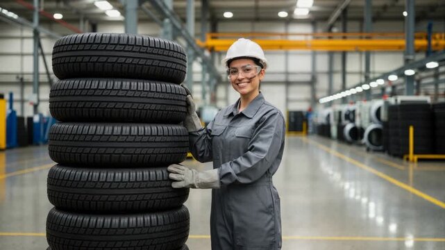 Smiling female factory worker in hard hat posing with stack of new tires. Portrait of industrial employee in automotive manufacturing plant