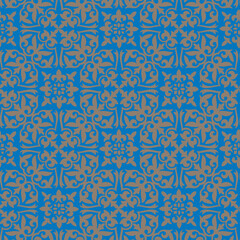 Geometric Moroccan Seamless Pattern Arabesque blue, gold. Moroccan azulejo pattern, majolica tile,Talavera, Damask. Portuguese azulejo tile pattern floral ornament, Mediterranean ceramic, patchwork