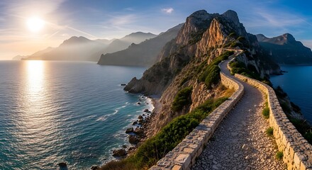 Winding Road Along Coastal Cliffside at Sunset.