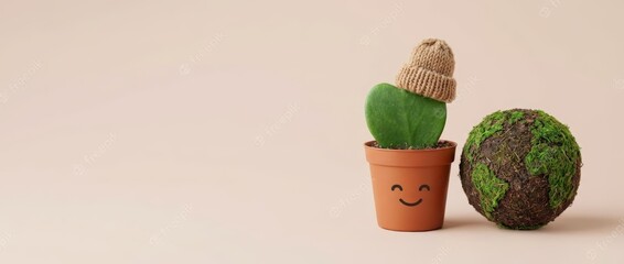 Cheerful potted cactus with a hat and earth globe indoor plant display home decor minimalistic space close-up view sustainability concept