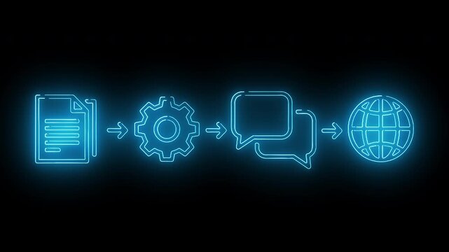 Neon-lit icons of document, gear, chatbox, and globe on a black background with blue glowing lines.