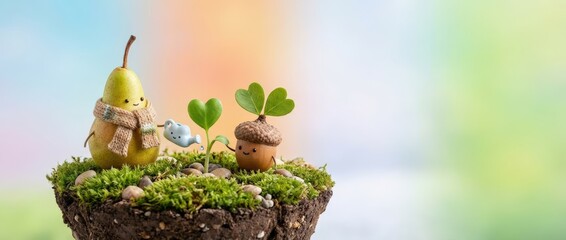 Whimsical gardening action featuring adorable characters with hearts outdoor greenery miniature plants cheerful environment close-up view playful concept for nature enthusiasts