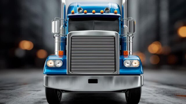 Blue heavy-duty truck with chrome grille and headlights parked on a city street, showcasing detailed front view with blurred urban background and bokeh lighting effects