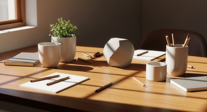 A bright desk setup features a wooden surface with sunlight a potted plant a book a mug pencils in holders and a geometric object all casting shadows
