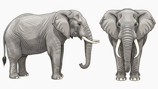 Detailed illustration of two elephants with tusks on white background