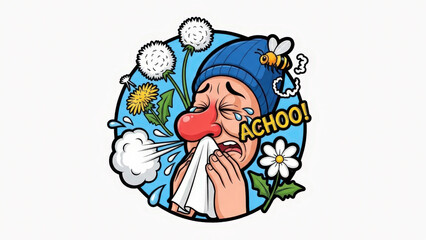 Cartoon illustration of a person sneezing with allergies isolated on white background