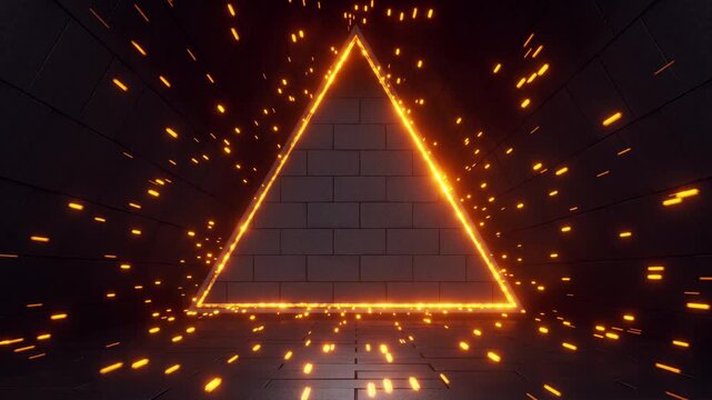 Abstract glowing neon triangle with sparks flying in dark futuristic tunnel