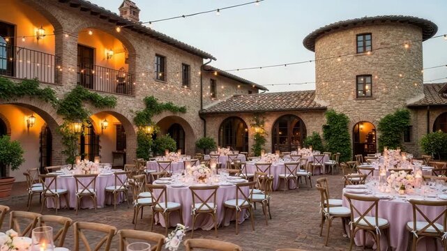 Elegant Outdoor Reception: A beautifully designed outdoor reception space with round tables set for a wedding or event, adorned with floral arrangements and soft lighting, creating a warm.