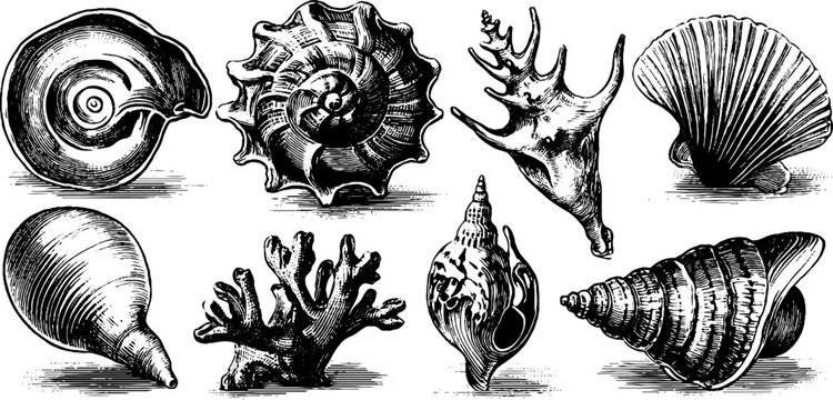 Intricate shell cross sections and coral anatomy in 19th century botanical style