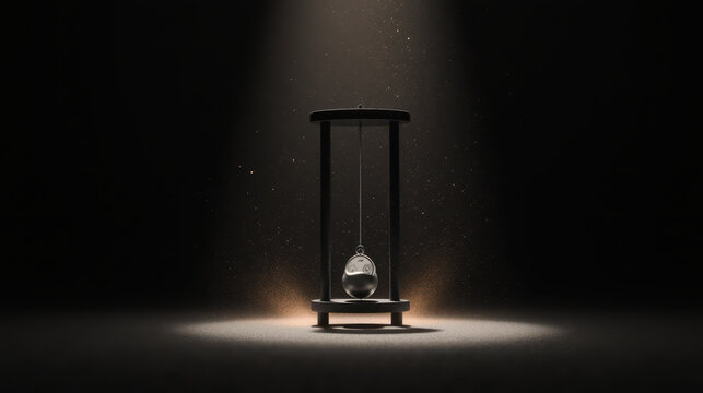 Foucault pendulum experiment swings in dark space under spotlight, demonstrating motion, time, and gravity. mysterious atmosphere creates feeling of focus and discovery