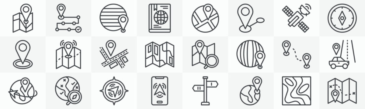 Maps icon collection set. Containing roadmaps, latitude, atlas, street maps, location, satellite, compass, gps icon. Simple outline vector